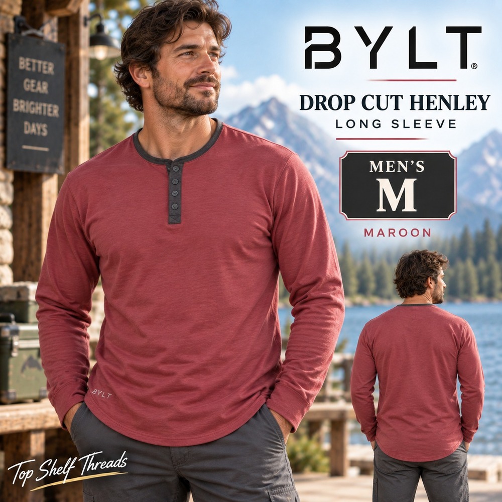 BYLT Basics Men M Maroon LUX Drop Cut Henley Long Sleeve Stretch Shirt Slim Fit